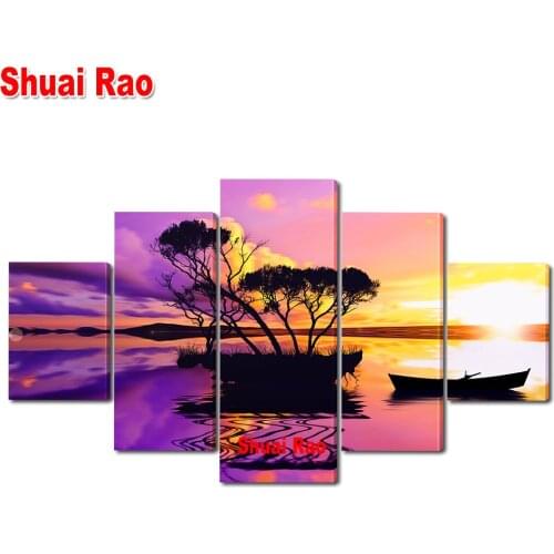 Abstract Sunset landscape 5d Diy Diamond Painting Tree Wall Art For Living Home Decoration Square Diamond Embroidery 5 Panel
