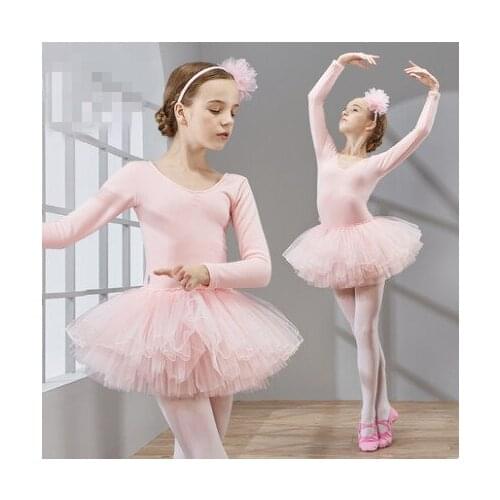 Girls Ballet Dress Gymnastics Leotard Long Sleeve Skirted Ballet Clothing Dance Wear With Pompon yarn Skirts