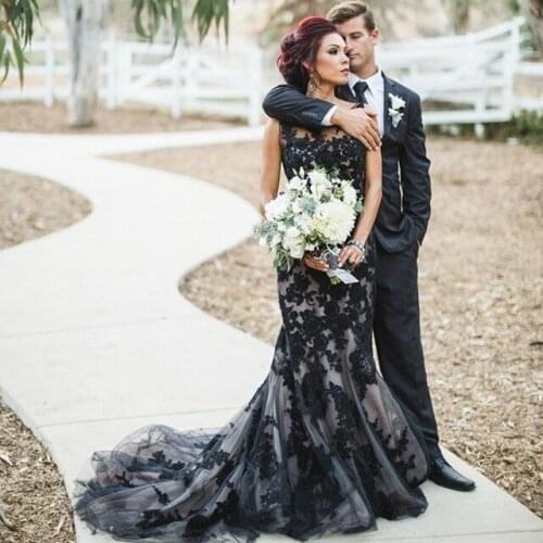 Appliques Black Lace Wedding Gown Mermaid Tulle Black Gothic Wedding Dresses 2015 Vestidos De Novia Tallas Grandes Bruidsjurken