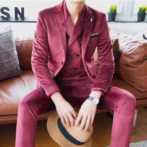2021 Business Groom Tuxedo Suit Blazer And Apnt Wine Red Grey Luxury Velvet Suit Men Costume Mariage Homme (Jacket+Vest+Pants)