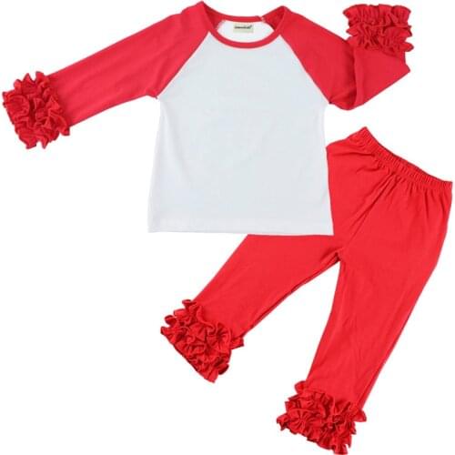 Childrens boutique clothing long hem t-shirt icing ruffle shirt Ruffle Sleeved Raglan pants set girls clothes kleding set