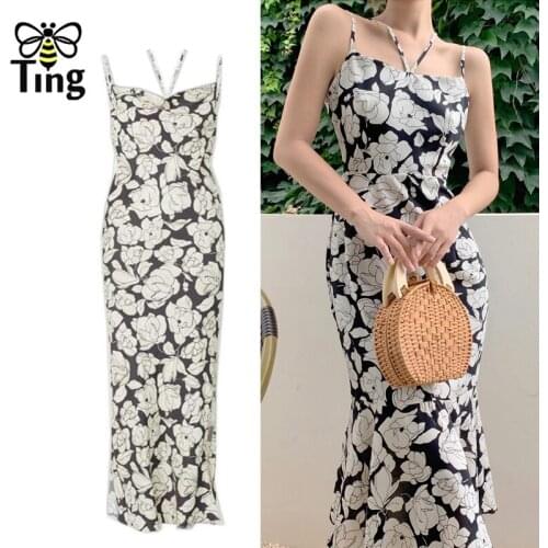 Tingfly Summer Sexy Floral Print Bodycon Ruffles Midi Long Dress Sleeveless Strap Clubwear Night Vestidos Zaful Sheath Robes Za