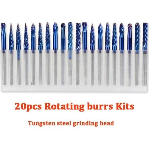 20pcs 3.175mm Tungsten Steel Rotating Burrs Blue Nano Coating Single and Double Grain for CNC Accessories Milling Dril Bit