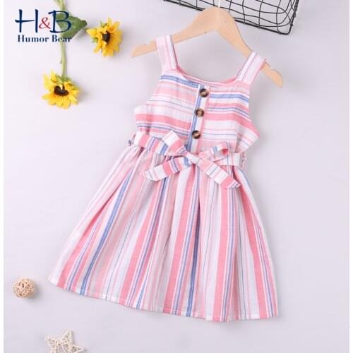 Humor Bear Summer Girls Sling Dress Summer New Sleeveless Striped Printed Bow Belt Princess Dress Toddler Kids Clothes