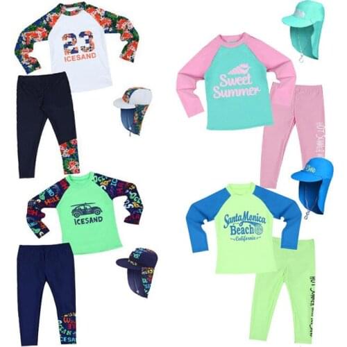 Children 3 Pcs Swimsuit Kids Baby Girls Swimwear Boys Long Sleeve Surfing Wear Bathing Suit Baby Sandy Rash Guard+Hat 2-10Y