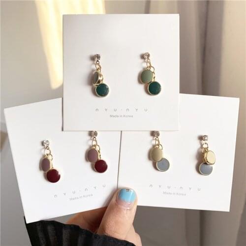 Korean Fashion Pink Gray Beige Contrast Color Round Drop Earrings Simple Small Disc Pendent Earrings for Women Girls Ear Jewelry