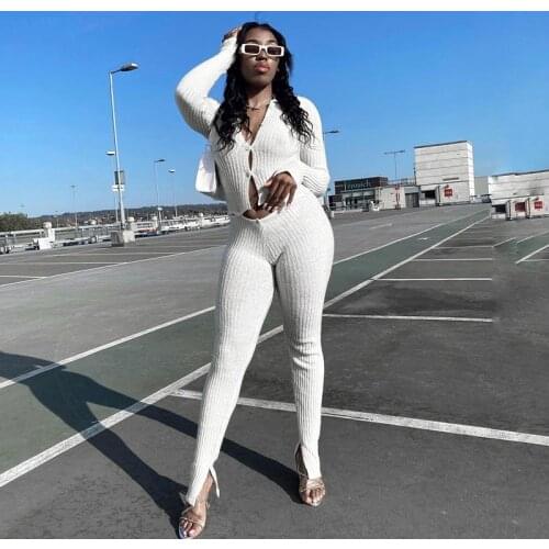TNNAOFF New Popular Solid Rib 2 Piece Tracksuits Women Set Long Sleeve Button Shirt Sexy Pencil Pants Lounge Wear Matching Sets