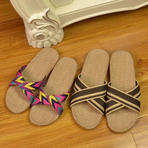 Linen slippers summer home indoor sandals Women mens unisex spring autumn couples guests flax Casual Slides Multi-style Female