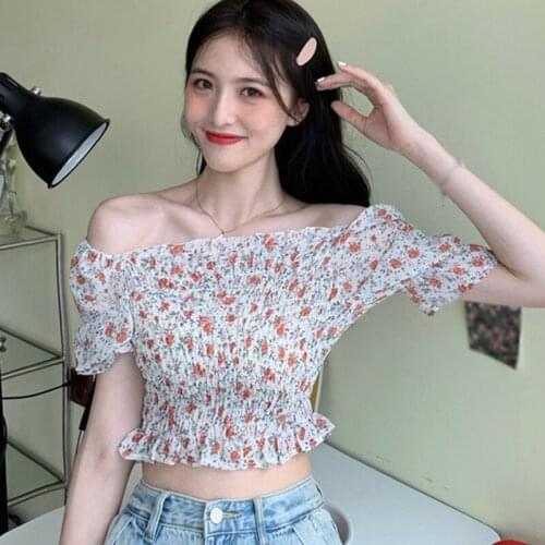 Korean Style Sweet Pleated Floral Print Chiffon Shirt Womens Slash Neck Short Tops Summer Short Puff Sleeve Elegant T-shirt