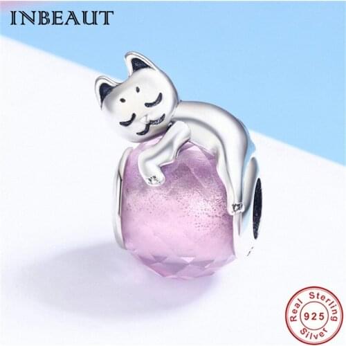 Lazy Cute Little Cat Beads Real 925 Sterling Silver Pink Zircon Sleeping Baby Kitten Charm fit Trendy Bracelet Animal Jewelry