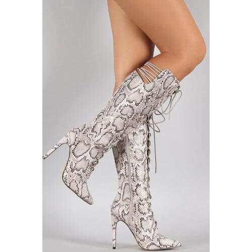Fashion Women White Python Leather Knee High Boots Woman Back Elastic Bandage Lace up Thin Heels Boots