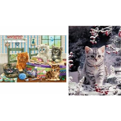 2Set Diy 5D Full Drill Diamond Painting Embroidery Cross Stitch Kit Rhinestone, Cat & Snow Kitten