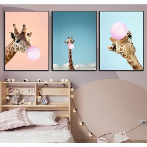 Nordic Style Decorative Painting Blowing Bubble Animal Horse Giraffe Canvas Sofa Background Wall Picture Poster Nursery Room