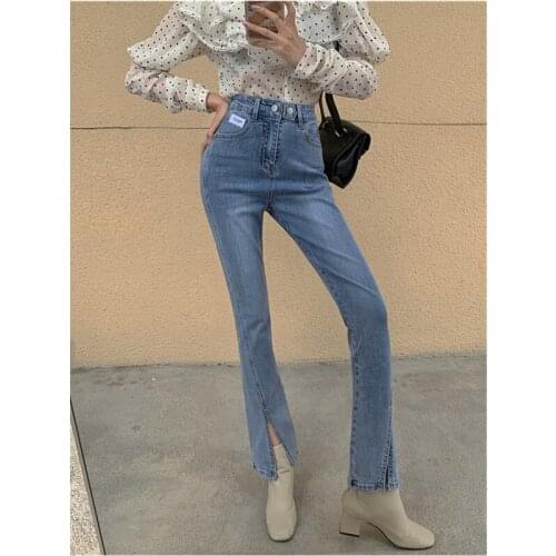 Real shot 2021 new fashion split jeans light-colored micro-flared high-waisted straight-leg jeans