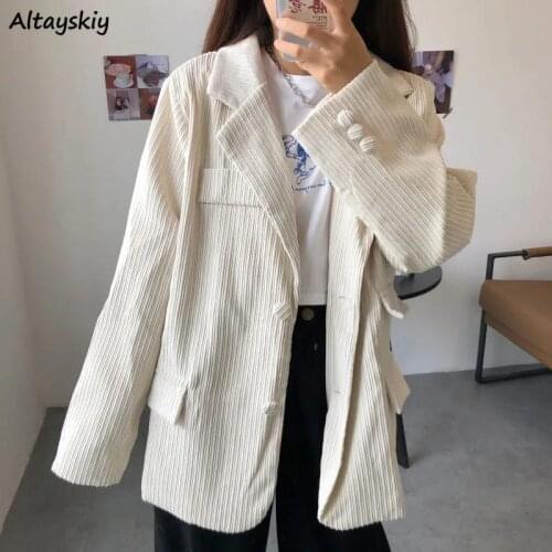 Blazers Women Solid Vintage Oversize Harajuku Single Breasted Notched Retro Ins Chic Korean Style Female Corduroy Simple Fashion