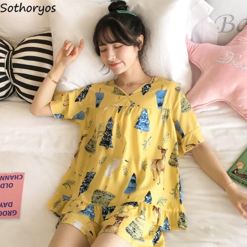 Pajama Sets Women V-neck Pleated Thin Loose Simple Leisure Nightwear Lovely Girls Korean Style Fashionable Soft Comfortable Chic