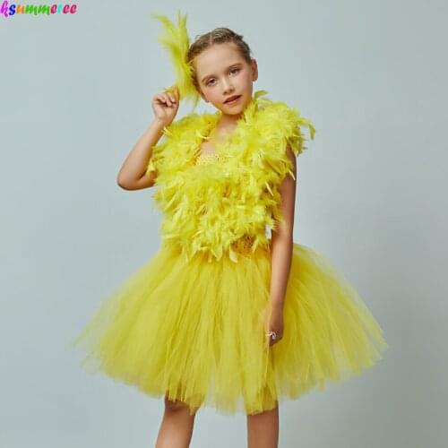 Yellow Chicken Feather Wings Girls Tutu Dress with Hair Clip Pretty Chicken Feather Halloween Costume Kids Animal Party Outfit