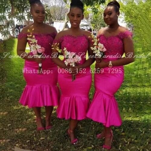 2020 Appliques Beads Tea Length Bridesmaid Dresses Mermaid Fuchsia Off Shoulder Wedding Party Dress Vestido De Fiesta De Boda