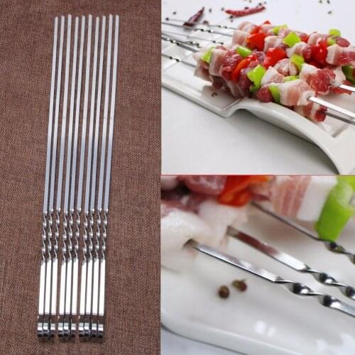 10Pcs Stainless Steel Flat Meat Skewers For Outdoor BBQ Barbecue Accessories Skewer Roasting Fork Long inox