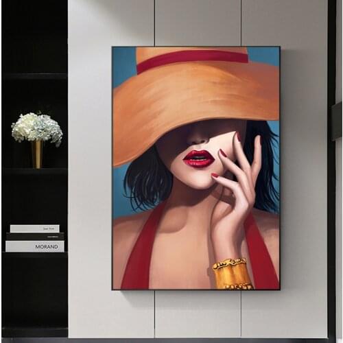 Poster Wall Art Modular Pictures Print Nordic Style Modern wear a hat women Canvas Painting Living Room Home Decortion Unframed
