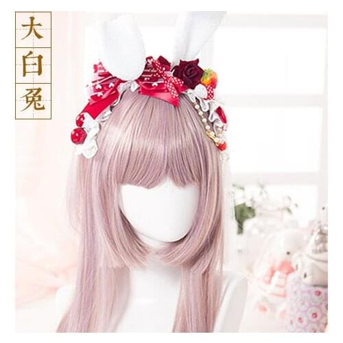 Red Strawberry Handmade Plush Rabbit Ears Hairband KC Lolita Roses,Bows,Pearls Sweet Hairgrips Hairclip Headwear Cute