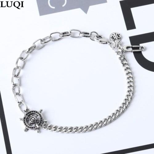 Fashion Men And Women S925 Retro Thai Silver Rudder Pin Personality Hip Hop Couple Bracelets SL046