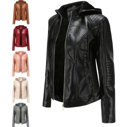 Plus size womens leather jackets plus velvet hooded autumn and winter short coats warm casual new European and American black