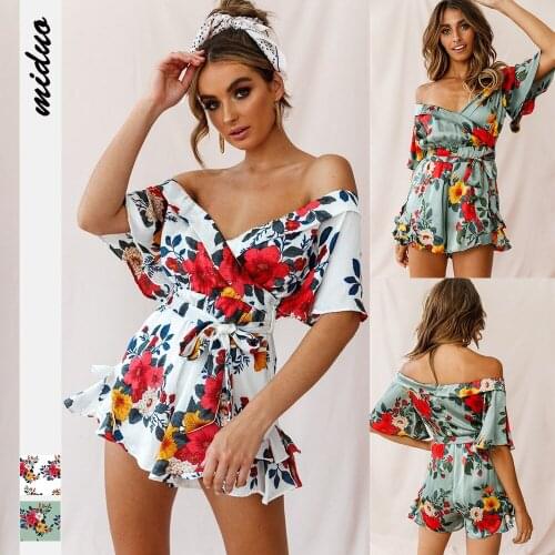 Floral Jumpsuit Digital Print Womens Summer One Neck Sexy Lotus Sleeve Fashion Shorts Butterfly Romper Playsuits