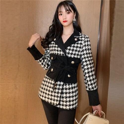 2020 Fall Winter Coat New Fashion Blazer Feminino Long Sleeve Double Breasted Patchwork Denim Tweed Tassel Belt Thick Outerwear