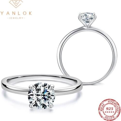 YANLOK 925 Sterling Silver Luxury 1.0Ct Moissanite Finger Rings For Women Wedding Statement Band Anniversary Gifts Fine Jewelry