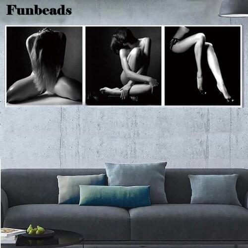 3 Panels diamond Painting sale Sexy Nude Woman bedroom art diamond embroidery mosaic black white art for Living room FF300