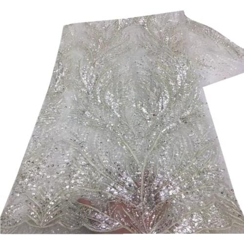 4 colors (5yards/pc) 2021 Newest white African tulle lace fabric with sequins and tube beads embroidery French net lace XZ-350