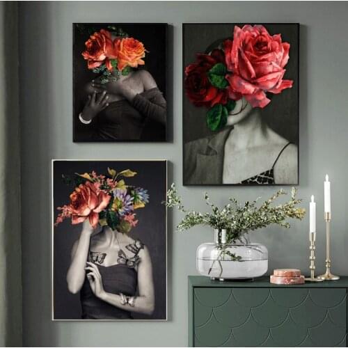 Flowers Feathers Woman Abstract Canvas Painting Wall Art Print Poster Picture Decorative Painting Living Room Home Decoration