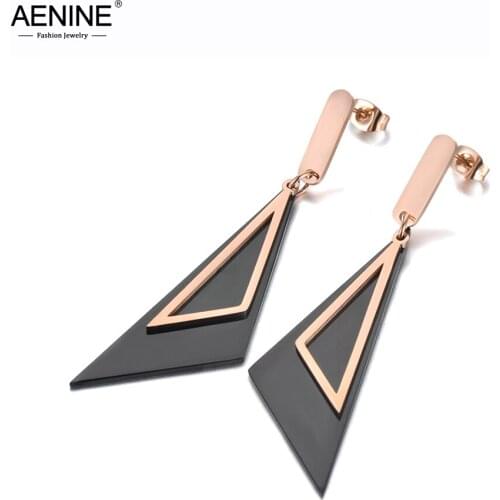 AENINE Fashion Bohemia Stainless Steel Geometry Double Triangle Stud Earrings For Women Girls Black/Rose Gold Earrings AE19209