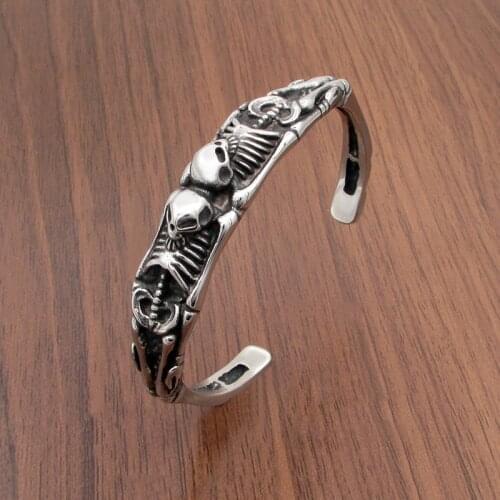 Punk 316L Stainless Steel Double Skull Bangle Motor Biker Skeleton Cuff Bracelet Jewelry