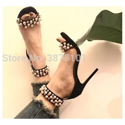 Brand Pearl High Heel Sandal Women Summer Shoes 10CM Beaded Dress Shoes Cheap