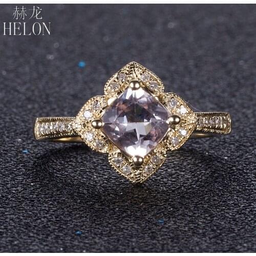HELON Solid 10K Yellow Gold Flawless Cushion 6.5mm Geniune Morganite Diamonds Engagement Ring For Women Fine Jewelry Best Gift