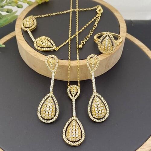 Lanyika Fashion Jewelry Set Elegant Water Drop Micro Pave Necklace with Earrings, Bracelet and Ring for Woman Banquet Gifts