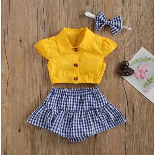 Newborn Baby Summer Set Babys Lapel Solid Color Shirt Tops Plaid Skirt Shorts Hairband Infants Toddler Girls Babys Sets