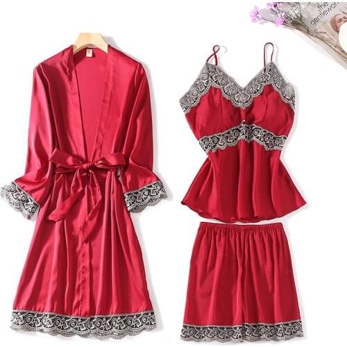 M-XL Women 3PCS Lace Robe Set Sexy Lace Bride Dressing Kimono Bathrobe Gown Sling Nightgown&Shorts Summer Pajamas Suit Homewear