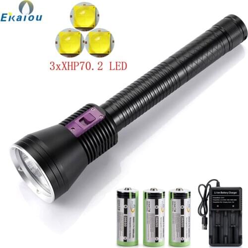 New Portable 3xXHP70.2 Diving Flashlight IPX8 Highest Waterproof Rating Professional Diving Torch 3x26650 Battery & USB Charger
