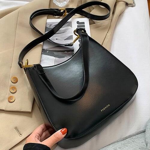 Solid Simple Womens Large Shoulder Bag Small Vintage Branded Designer Baguette Crossbody Bag PU Leather Fashion Handbags Female