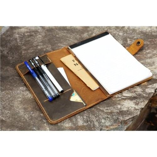 Personalized retro real leather portfolio folder cover organizer for 5 x 8 inch notepad top open writing pads free engrave