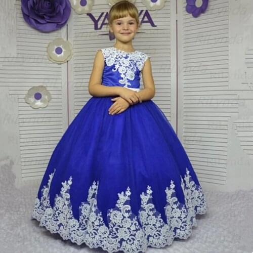 Blue Flower girl Dress, Long Flower Tulle Gown for Toddler, Long Train Dress for junior bridesmaid