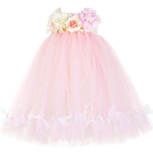 Flower Girl Tutu Dress with Lace Bow Pink Champagne Flowers Girls Wedding Party Dress Mid-Calf Length Tulle Kids Princess Dress