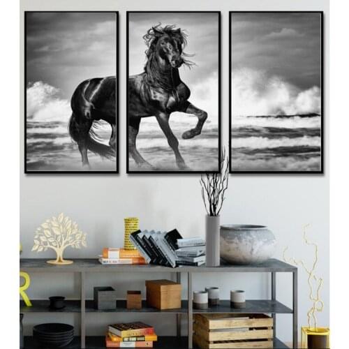 Nordic brief drawings of black and white animals and horse decorations 3 pieces canvas painting decorative paintings Unframed