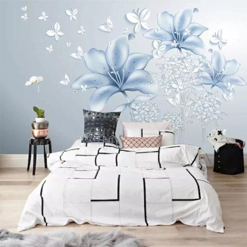 Modern Simple 3D Stereo Blue Flowers Photo Murals Wallpaper Living Room Bedroom Background Wall Painting Home Decor Wall Papers