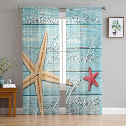 Wood Grain Beach Text Starfish Curtain For Living Room Transparent Tulle Curtains Window Sheer For The Bedroom Accessories Decor