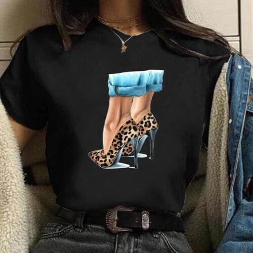 FIXSYS New Fashion Women T Shirt Leopard High Heels Shoes Printed Vogue T Shirt Female Harajuku Tops Tee 90s Ladies Tee Shirt