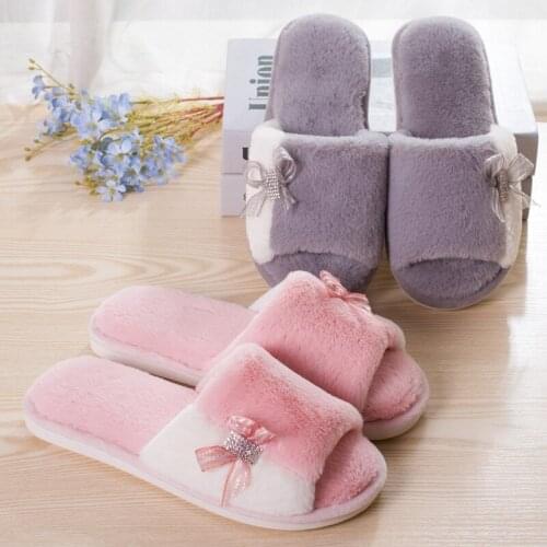 Ladies New Korean Slippers Bowknot Home Furnishing Cotton Slippers Casual Open Toe Plush Slippers Shoes